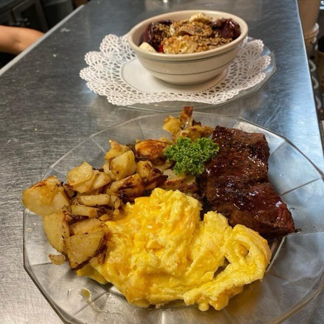 Steak, Eggs, Home Fries and Toast.