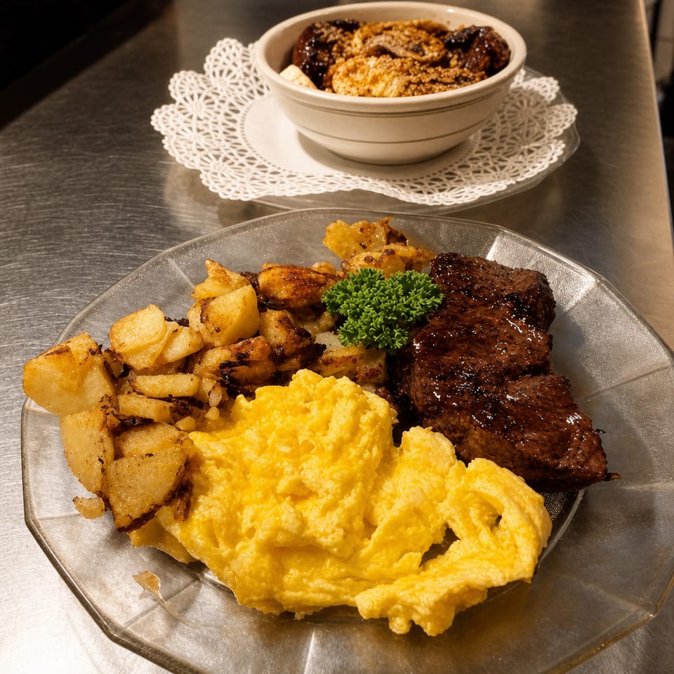 Steak, Eggs, Home Fries and Toast.